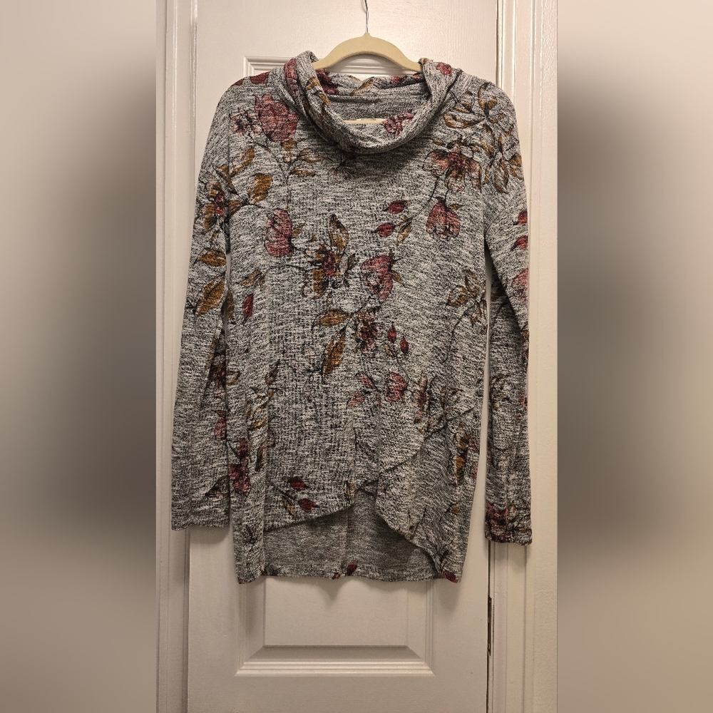 Floral Cowl Neck Sweater - Gray and Pink